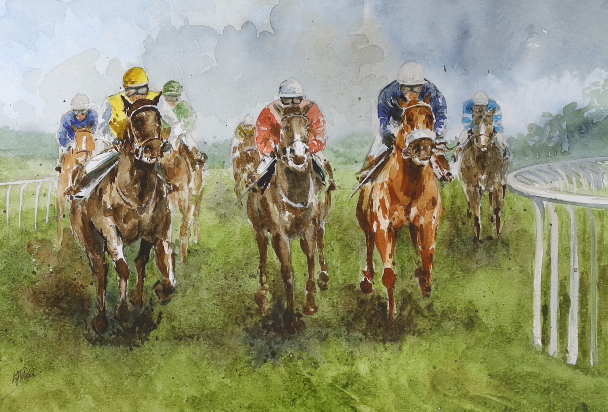 Horse racing interest, two watercolours, Jockeys on horseback, one indistinctly signed, possibly K J West, largest 40 x 40cm